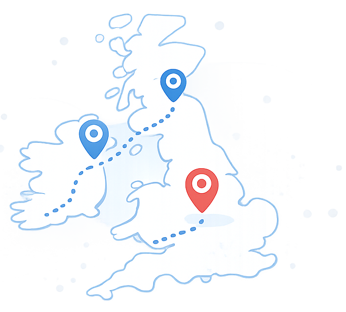 UK map showing local class discovery routes for dance, sports, martial arts, fitness, drama, music, and tutoring.